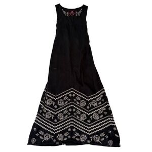 Johnny Was Petra Dress S Maxi Black Linen Floral Embroidered Boho Timeless Beach
